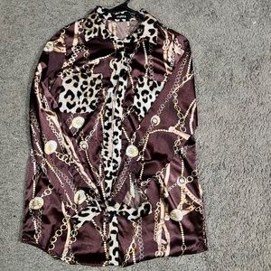 Brown multi print long sleeve satin shirt size extra small